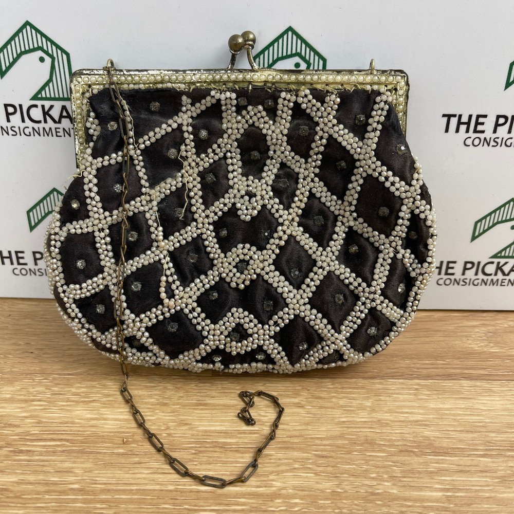 Vintage Black Velvet Faux Pearl Rhinestone Lattice Kiss Lock Clutch Evening Bag